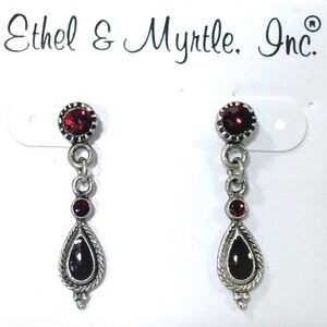 Ethel and Myrtle Silver tone Earrings Antique Style Red Pierced Dangle Drop